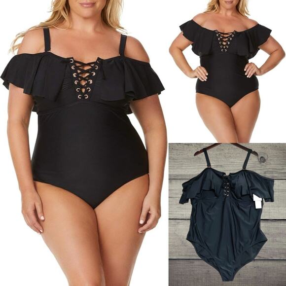 Raisins Curve Plus Size Swimsuit Womens 24W Black Off Shoulder Lace Up Rose Gold - Picture 1 of 13